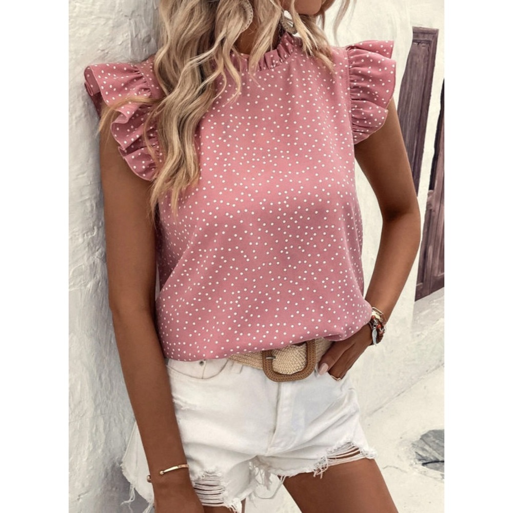 3 Pack Pink Polka Dot Ruffle Flutter Sleeve Frilled Neck Blouse